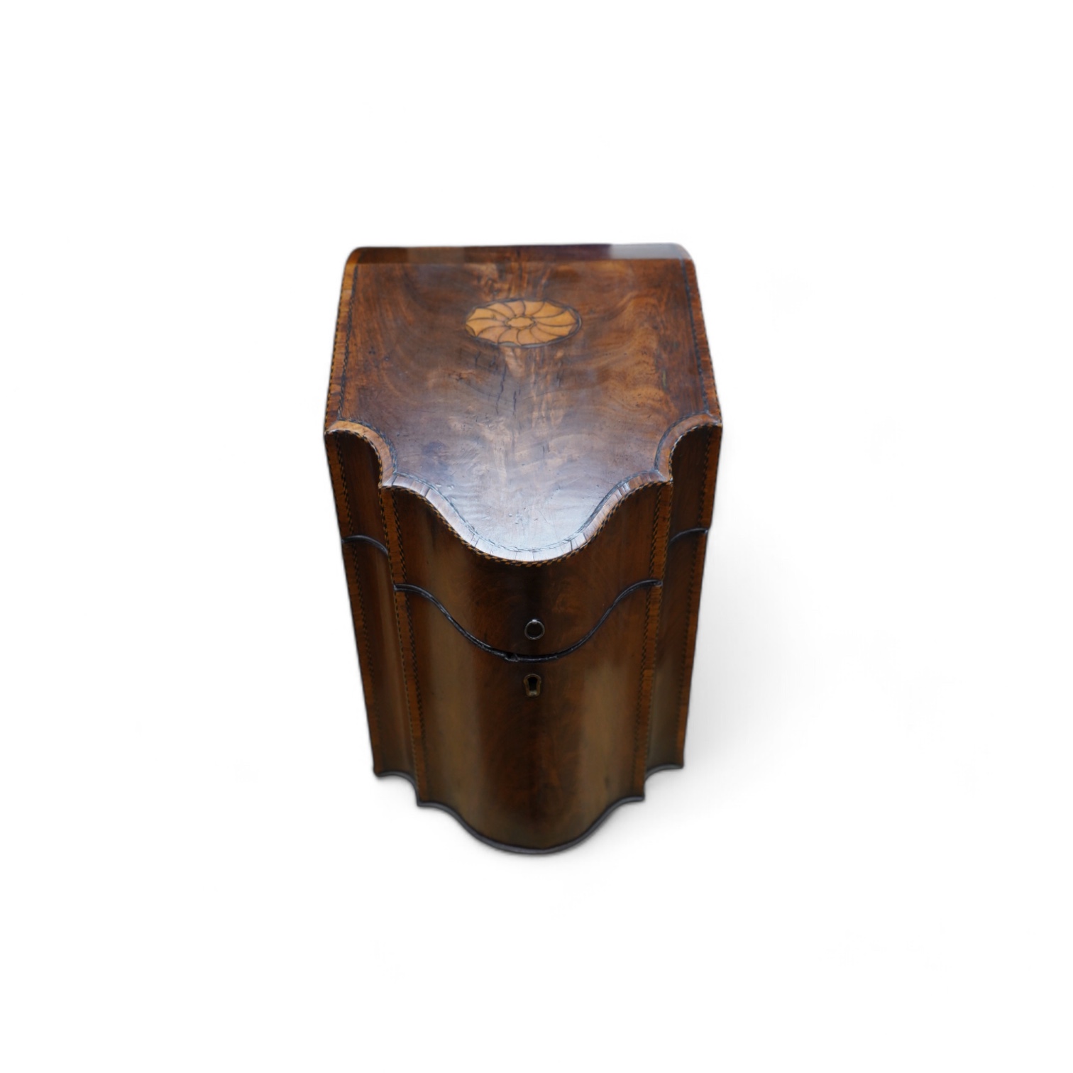 A George III mahogany shell inlaid knife box, 35cm high. Condition - good